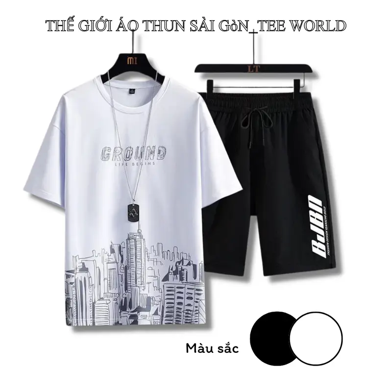 Quần áo Thun Nam - Nguyên bộ quần áo nam hình thành phố sang trọng chất kẻ thời trang mùa hè 0