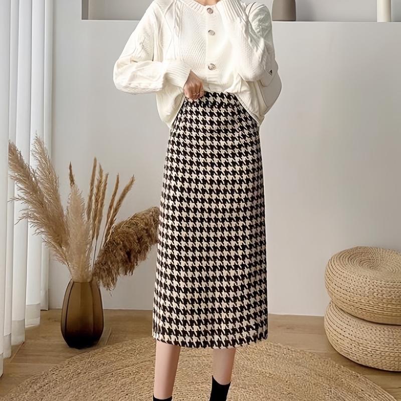 LUMI Fashion - Chân váy chữ A dài xẻ sau hoạ tiết én dạ kẻ Nữ Women mùa đông