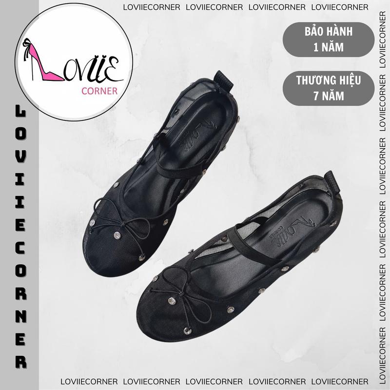 LOVIIECORNER - FORM TO - GIÀY BÚP BÊ NỮ BÍT MŨI QUAI ĐAN LƯỚI ĐÍNH ĐÁ PHỐI NƠ NHÍ QUAI NGANG MẢNH PHONG CÁCH THỜI TRANG ĐẾ BẰNG - B241108 DéP Shoes