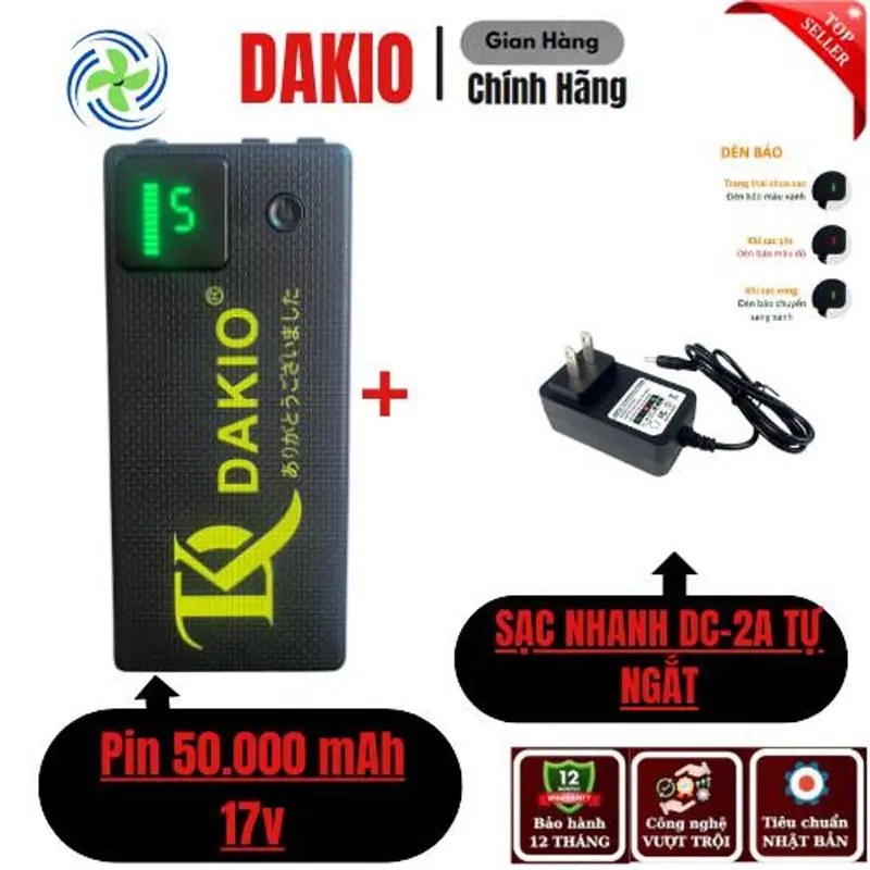 (BẢO HÀNH 1 NĂM) Bộ Phụ Kiện Áo Điều Hòa Nhật Bản DAKIO Pin 50,000mAh, quạt 17V công suất mạnh kèm sạc,dây DC chống đứt 4