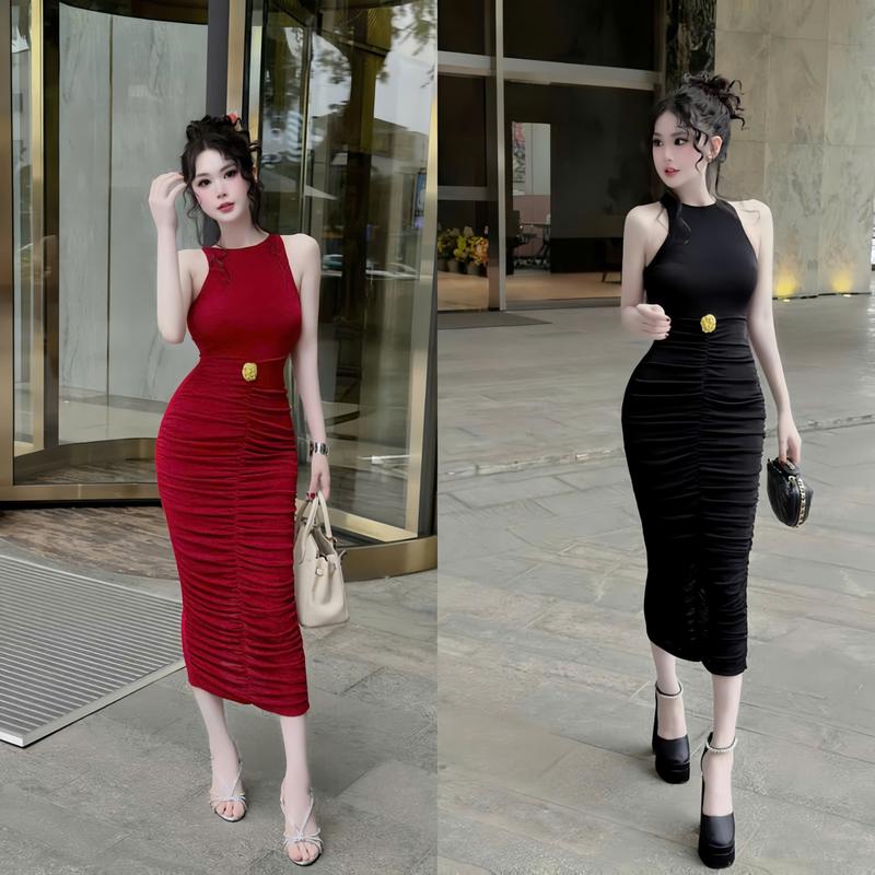 Đầm Ôm Body Ba Lổ Cổ Tròn Nhún Thân Dáng Dài Midi Phối Tag Bụng Thanh Lịch Chất Thun Ladong Váy Đi Tiệc Đi Chơi Đám Cưới Hẹn Hò Thời Trang Nữ Mới Nhất_204681329 Women Nữ Dress Đen Đỏ New