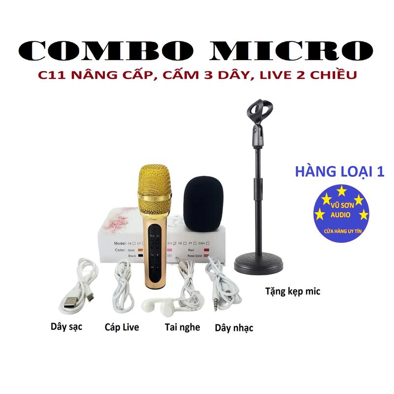 [MÃ SUPER G] Bộ Micrô C11 Nâng Cấp [HÀNG TỐT CHUẨN LOẠI 1 HÁT LÀ THÍCH,TẶNG GIÁ ĐỠ MIC] Loại 3 Dây, Hát Live 2 Chiều, Dùng Hát Live Thu Âm Hát Karaoke,Hát Rất Nhẹ, Hút Xa, Hát Đeo Tai Nghe, Dây Cắm Tròn 3.5 Có 2 Màu Đỏ Vàng Khách Được Chọn Màu, Kem