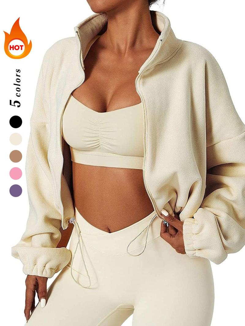 Product Introduction of Women's Solid Color Drawstring Zip Up Fleece Jacket, Casual Long Sleeve Drop Shoulder Outerwear for Fall & Winter, Women's Clothes for Daily Wear 3