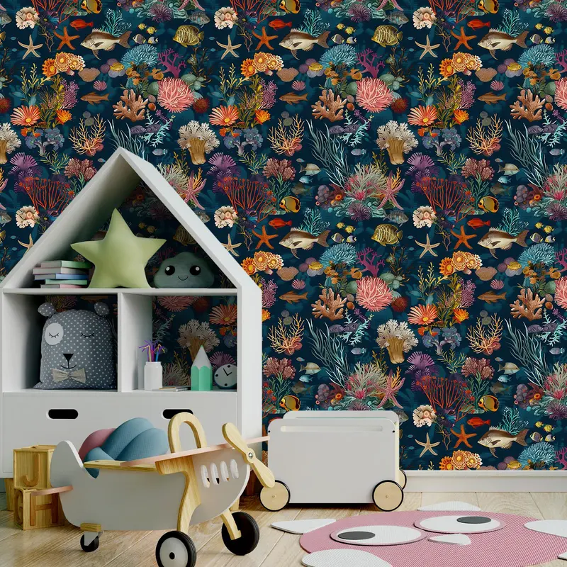 Floral & Fish Pattern Wall Sticker, 1 Roll Removable Waterproof Wall Paper, Self Adhesive Wall Decal for Kitchen Living Room Dining Room Bedroom 5