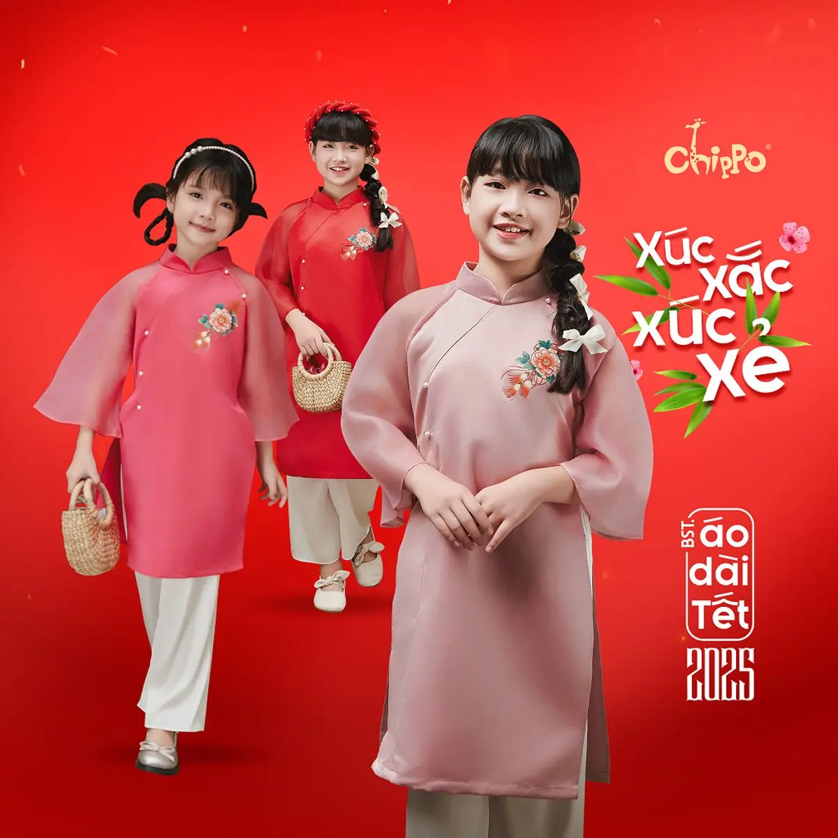 Set Áo dài tết dáng cách tân in hoa đón tết Chippo cho bé gái từ 7 đến 15 Tuổi(23-55Kg) AD hoa trai