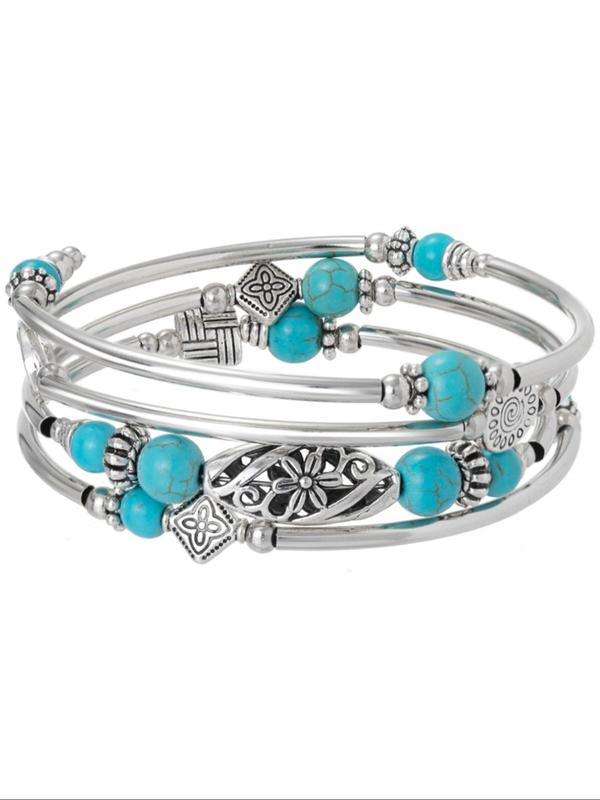 Vintage Boho Style Turquoise Texture Flower Design Bracelet, Alloy Jewelry for Party, Daily Clothing Decor, Trendy All-match Jewelry for Birthday Gift 4