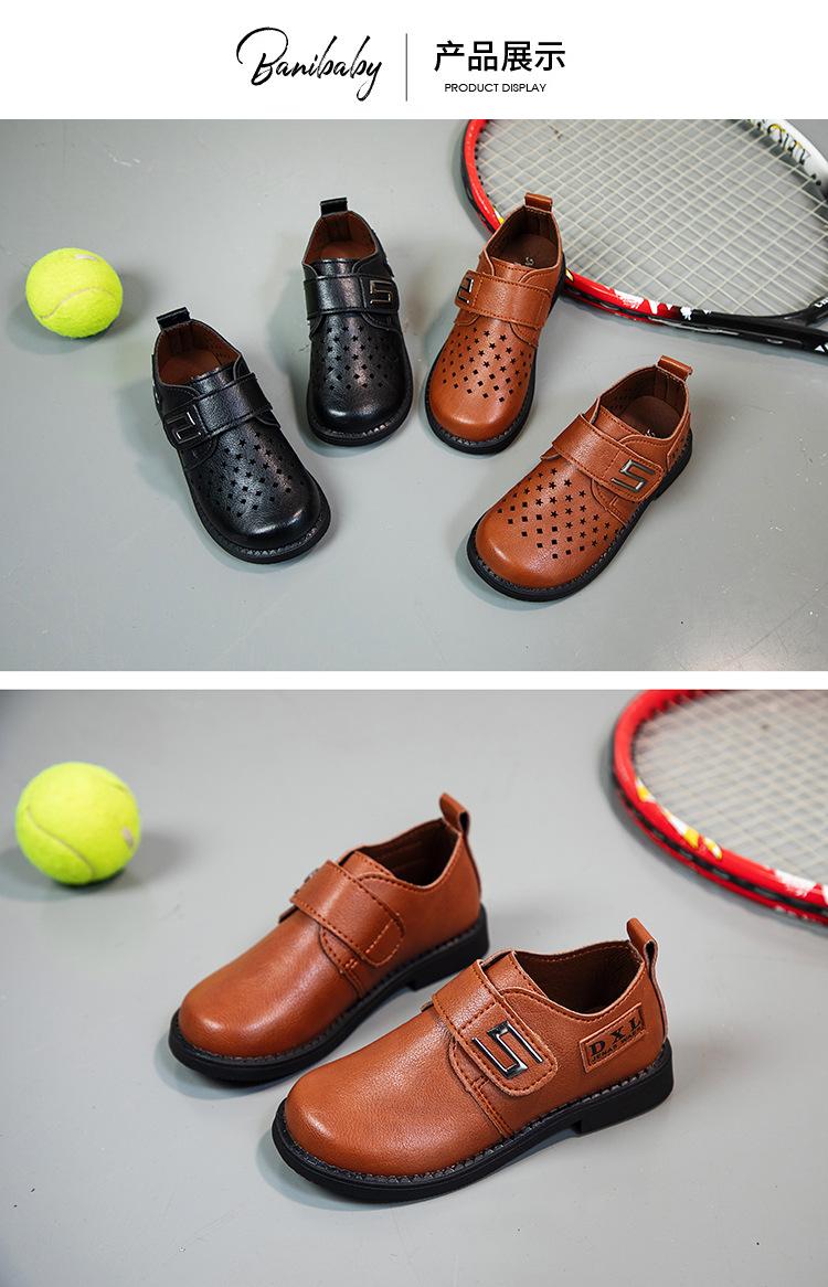 Product Introduction of Spring and Autumn New Black Breathable Casual British Leather Shoes Hollow Velcro Hole Student Soft Bottom Lazy Boy's Shoes 26