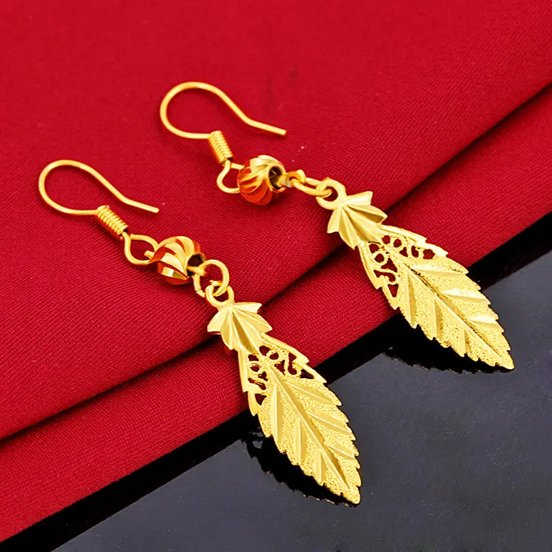 Hoa Tai Vàng Phù Sa, Hoa Tai Dài, Mạ Vàng 24K, Không Phai Màu, Trang Sức Cưới, Đồ Trang Trí Giả Vàng