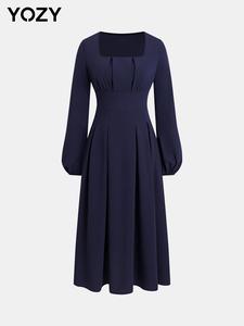 YOZY Women's Plain Plicated Bishop Sleeve Dress, Elegant Long Sleeve Square Neck A Line Dress for Party Holiday Wedding Guest, Ladies Fall & Winter Clothes