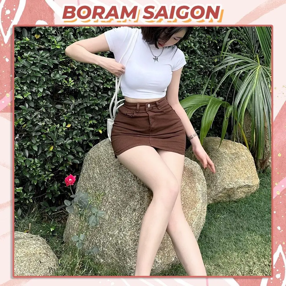 Chân váy kaki nâu ngắn, chân váy chữ a tôn dáng BORAM SG (có quần trong) Nữ Women