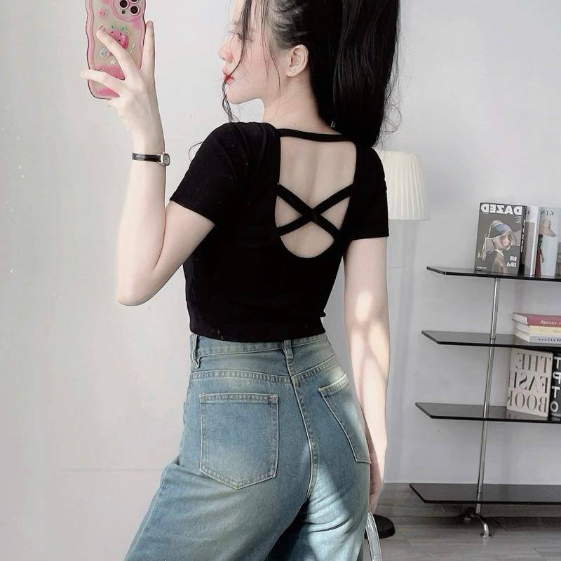 Áo thun croptop nữ cổ vuông hở lưng có mút tay ngắn ôm body co giãn 4 chiều Voi croptop  xinh Women áo  hở eo Shirt Dáng Ngắn