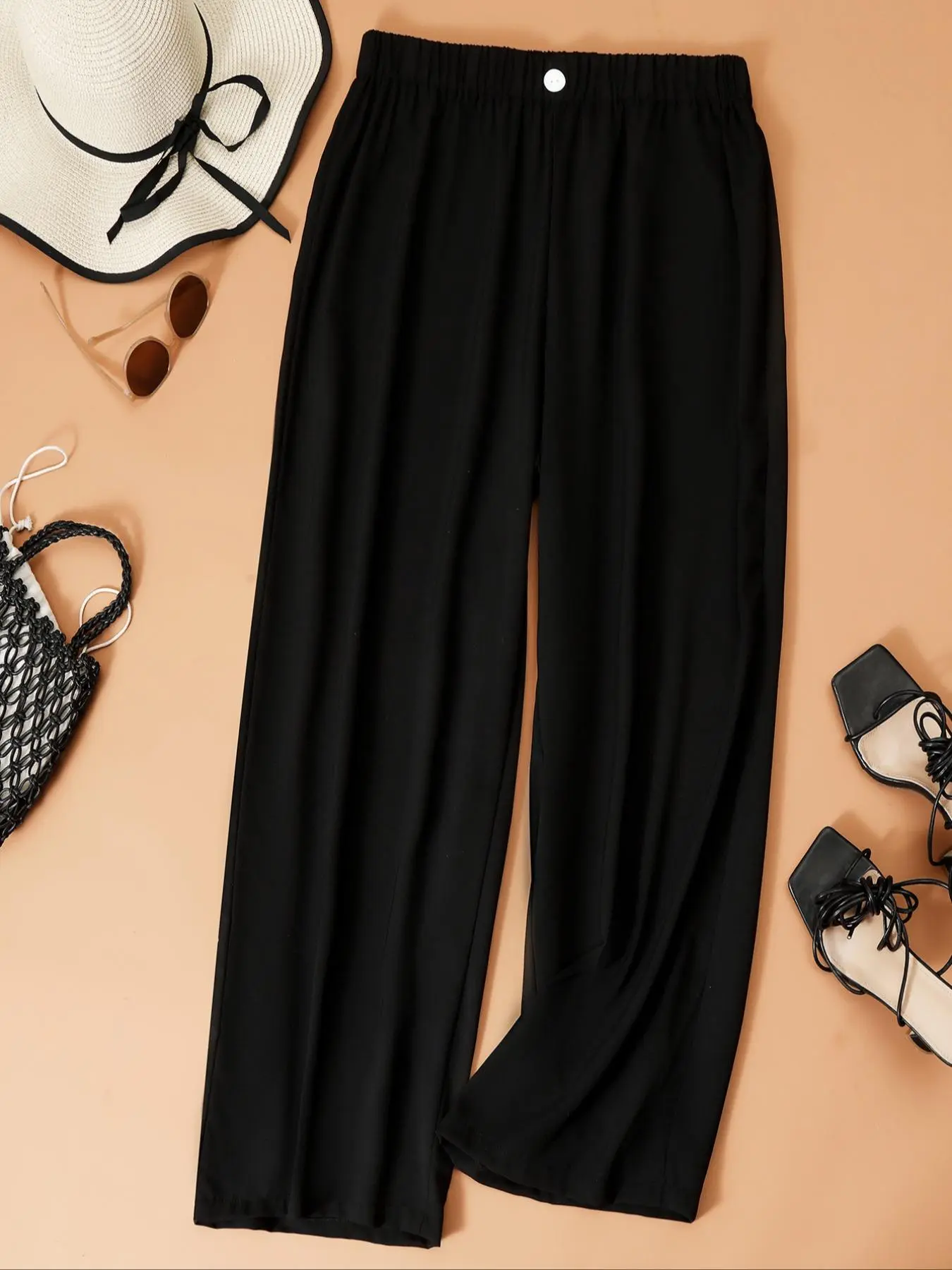 Plus Plain Button Elastic Waist Straight Leg Pants, Elegant High Waist Wide Leg Trousers for Daily Outdoor Wear, Women Plus Clothing for Spring Fall