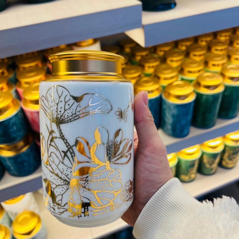 Lọ đựng trà 200 gram men màu gốm sứ bát tràng tặng kèm muỗng xúc trà