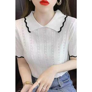 Ice Silk Thin Polo Collar Knitted Short Sleeve T-Shirt Women's Summer 2025 Short Elegant Top