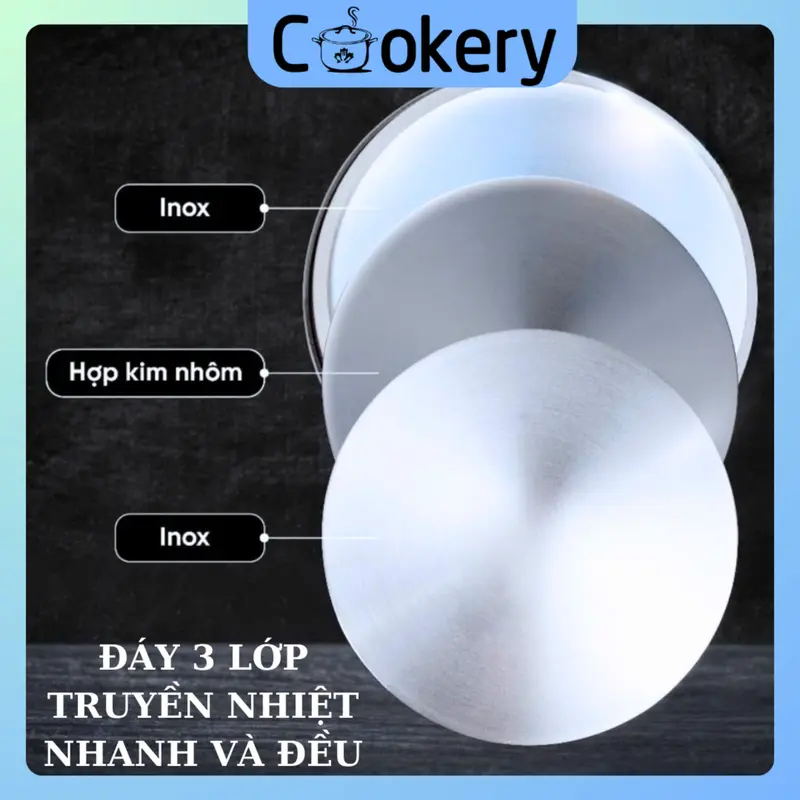 BỘ 3 NỒI COOKERY THÂN ĐỨNG - 3 ĐÁY - INOX 430 - SIZE 18 - 20 - 24 6