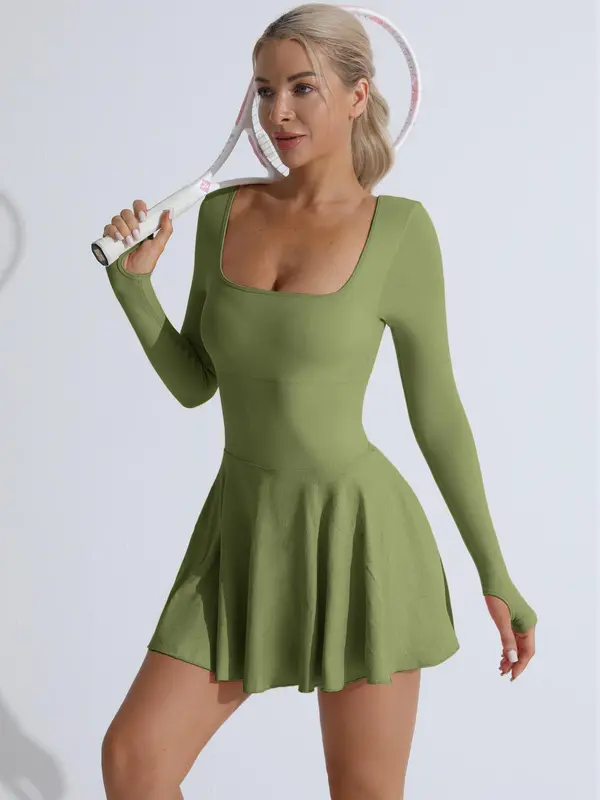 Women's Solid Criss Cross Backless 2 in 1 Sports Dress, Long Sleeve Square Neck Tennis Dress, Gym Wear, Ladies Sportswear for Indoor Outdoor Wear Valentine's Day, Gift, Activewear 6