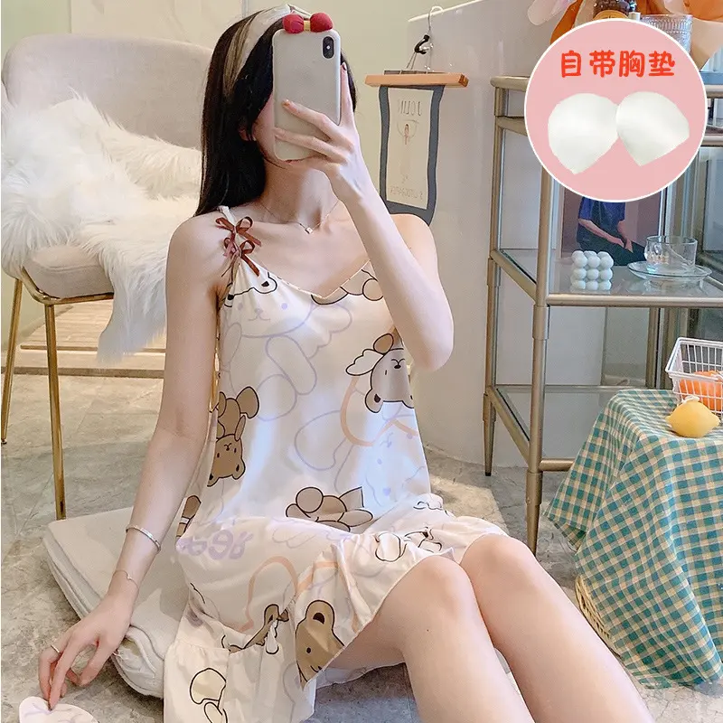 Váy Ngủ, Hai Dây Gợi Cảm, Hoạt Hình, Làm Bằng Bông Mềm, Thích Hợp Cho Quần Áo Ngủ, Váy Ngủ, Không Có Đệm Ngực, Dễ Thương Nữ Dress