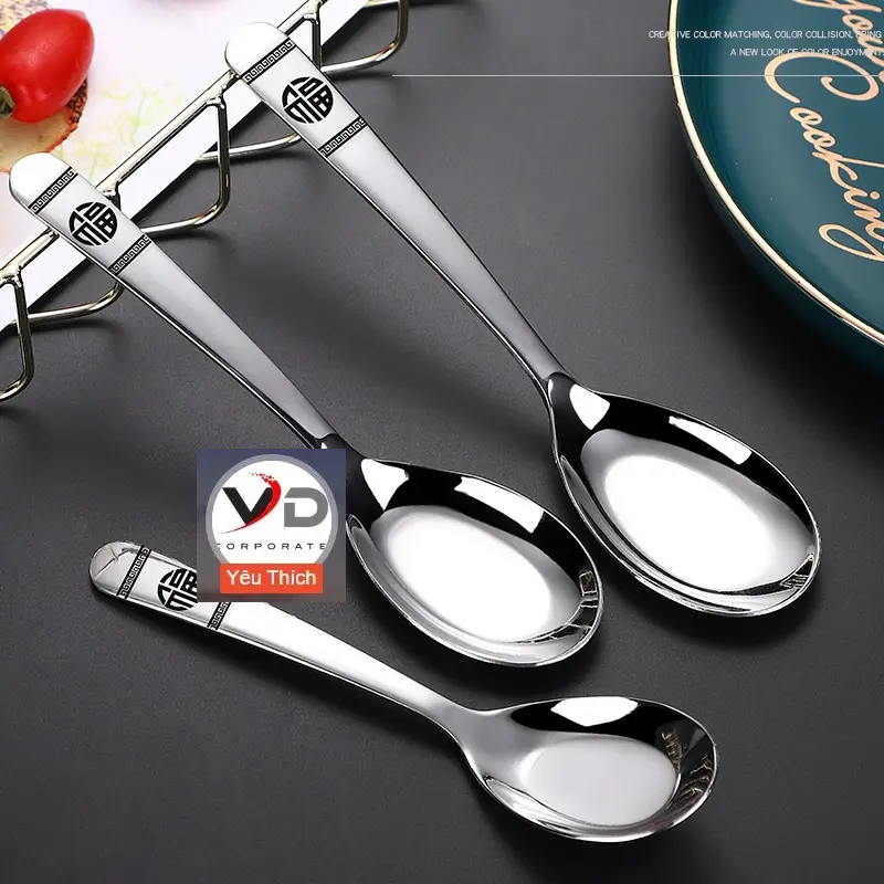 COMBO 3 Thìa chữ PHÚC 3 kích cỡ ăn cơm phở cháo inox thép cao cấp dày đẹp sáng bóng asian soup spoon 2