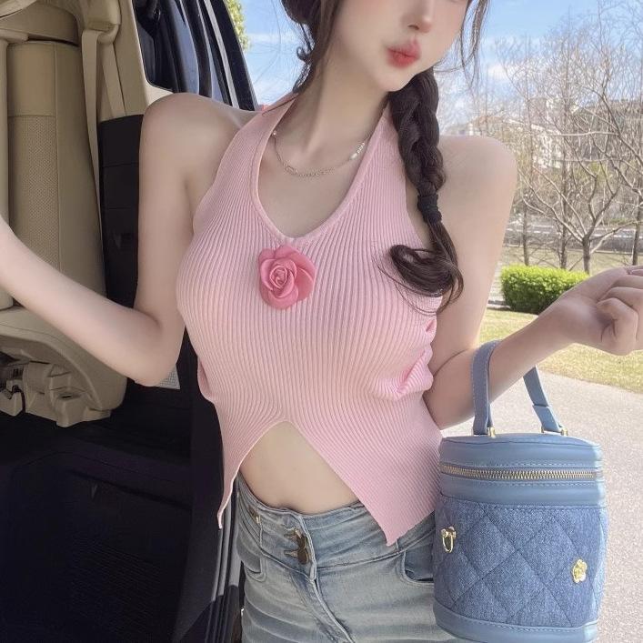 Product Introduction of Camisole Vest for Girls with Floral Decoration, U-Neck Halter, Sexy Crop Top, Sleeveless Top for Summer 2025 9