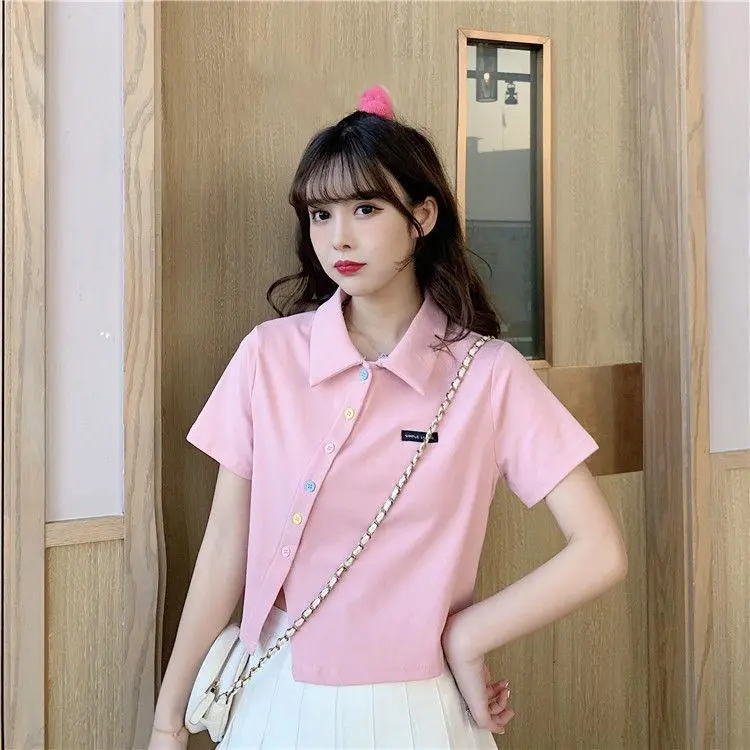 Atasan Kemeja Kaus Polo Wanita Pendek Pusat Ritsleting Lengan Pendek Tie Neck Warna Solid Kancing Fashion Kasual Korea Musim Panas Pakaian Dalam Wanita 1