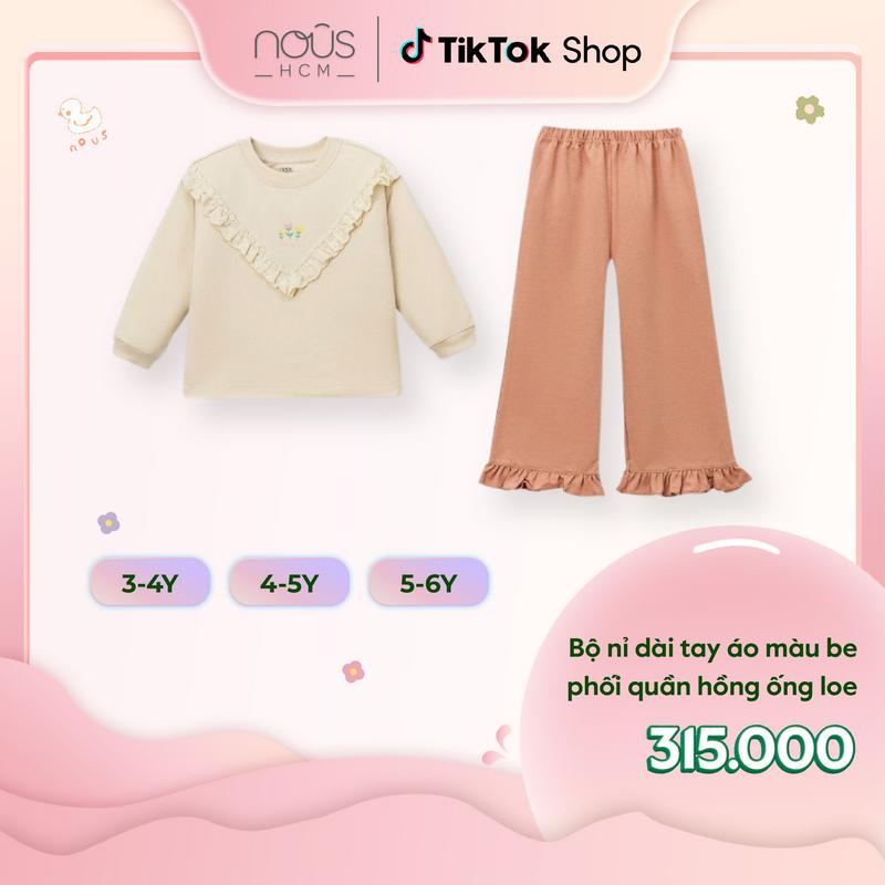   KOL Nous Kid  Bộ quần áo Nous dài tay cho bé gái màu be phối hồng đáng yêu cho bé từ 3-6 tuổi BST T10 