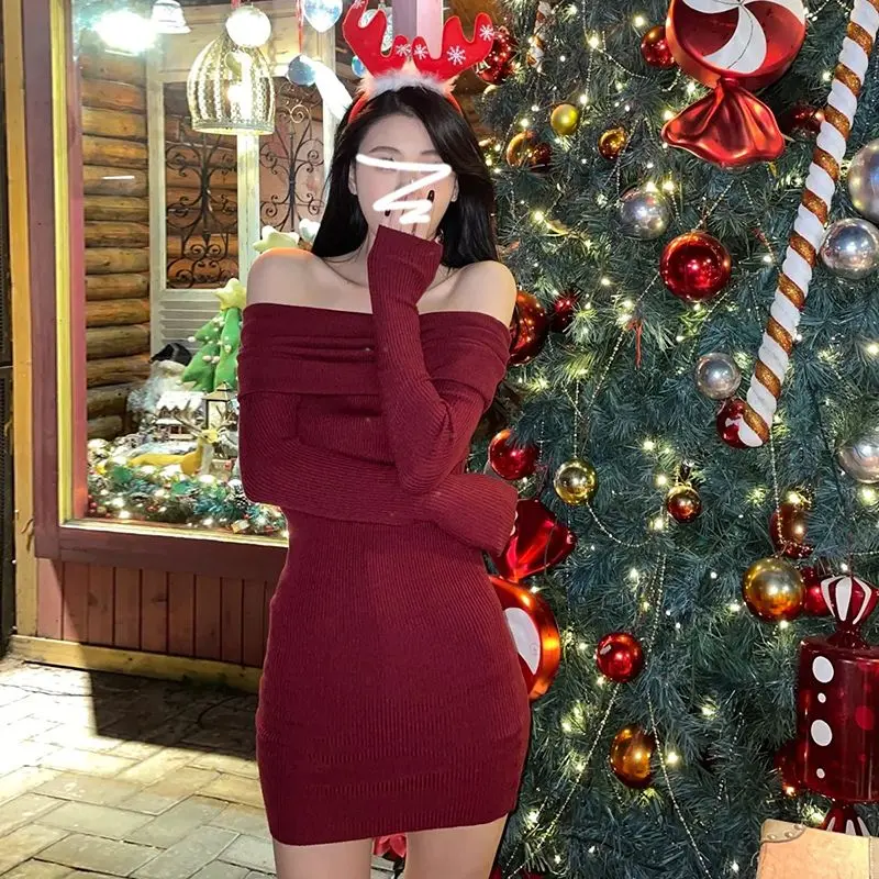 Áo Sơ Mi Giáng Sinh, Váy Trễ Vai Có Thể Đeo Bên Trong, Dành Cho Nữ, Bộ Sưu Tập Thu Đông 2024 Hàng Mới Về, Phong Cách Pháp, Cao Cấp, Váy Che Hông Màu Đỏ