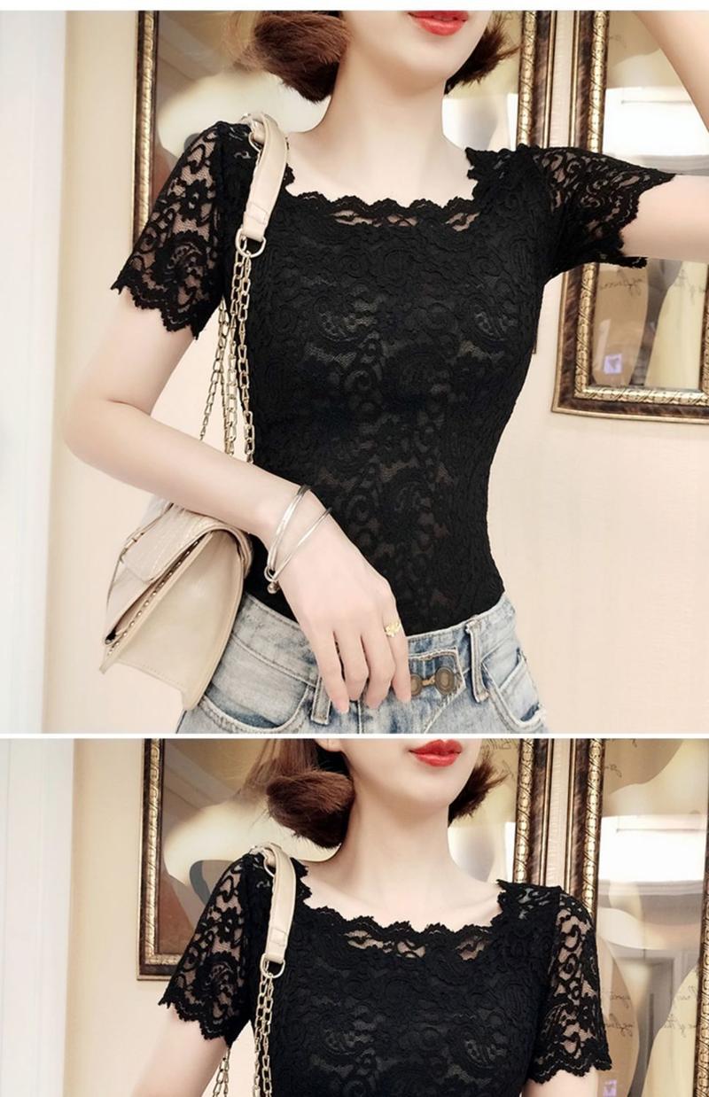 Product Introduction of Áo Sơ Mi Ren Bên Trong, Cổ Vuông, ngắn Tay Áo, Thiết Kế Đẹp, Lưới Mỏng Vừa Vặn, Áo Xương Đòn Lộ Ra, Áo Thun Bó Sát Thanh Lịch Cho Nữ 16