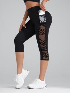 Leggings cortos con diseño de bolsillo de malla de contraste para mujer, pantalones ajustados cómodos y transpirables de estilo deportivo casual para yoga y entrenamiento en gimnasio, prendas inferiores para damas para todas las estaciones