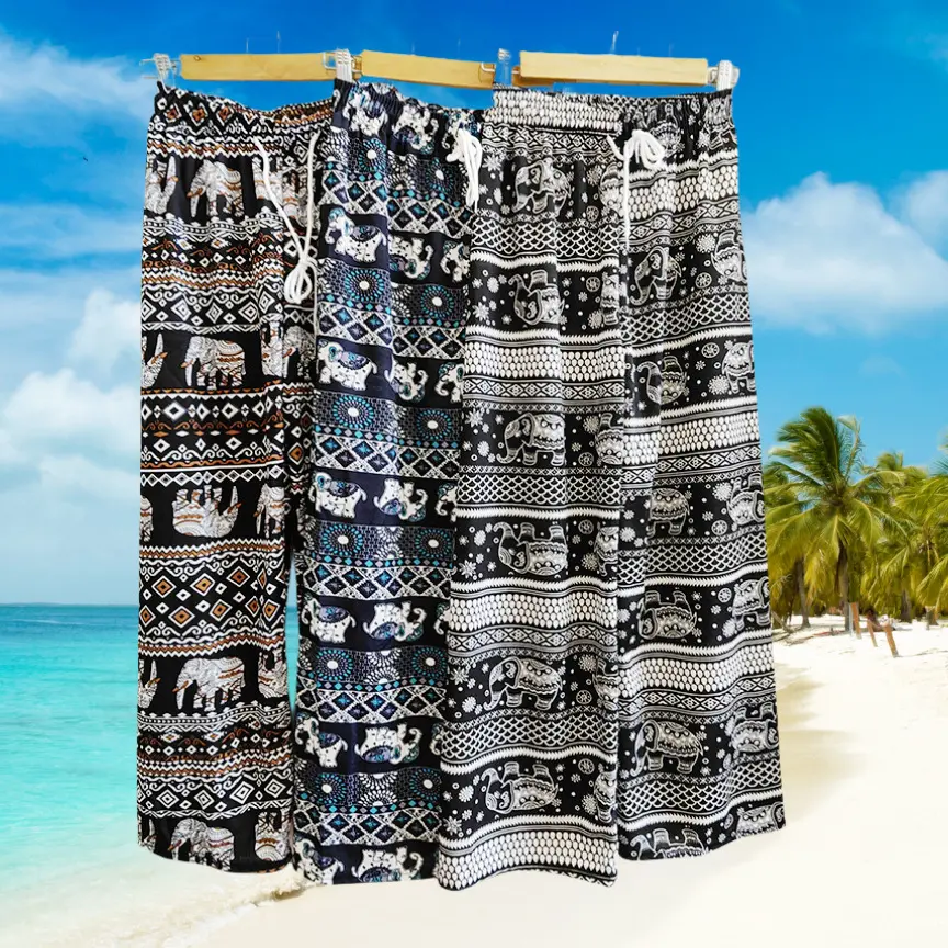 Summer thin non transparent elephant ethnic style printed wide leg pants for Southeast Asian tourism, mosquito resistant casual pants for cross-border wear