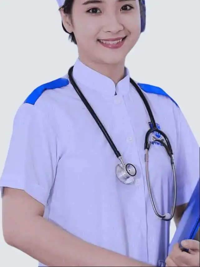 Bộ quần áo blouse trắng trơn Cổ Lãnh Tụ có CẦU VAI XANH - áo blue điều dưỡng, dược sỹ, y tá thực tập sinh có cầu vai