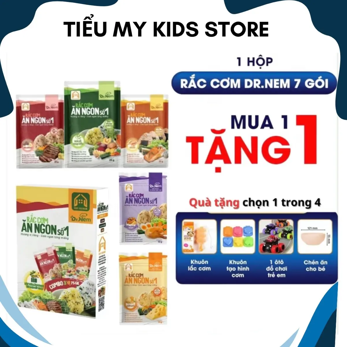 Thực phẩm Rắc Cơm Ăn Ngon Dr.Nem Cho Bé, Hộp 7 Gói gồm (1 Bò,1 Cá Hồi,1 Rau Củ, 2 Gà Pho Mai, 2 Pho Mai)- Gia Vị Bột Rắc vào cơm, cháo- TIỂU MY KIDS STORE-KÈM QUÀ