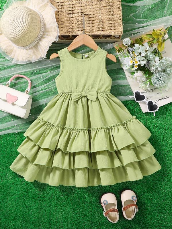 Girl's Solid Bow Decor Ruffle Trim Dress, Cute Casual Sleeveless A Line Dress for Summer, Kids Clothes for Daily Wear 2