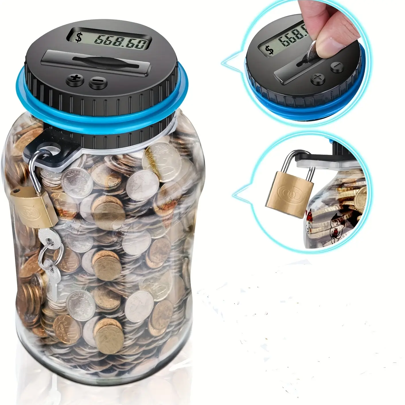 Locked Counting Piggy Bank, LED Display Money Savings Jar, 1.8L Intelligent Counting Piggy Bank Recognizes All US Coins In Circulation Halloween Christmas Gift