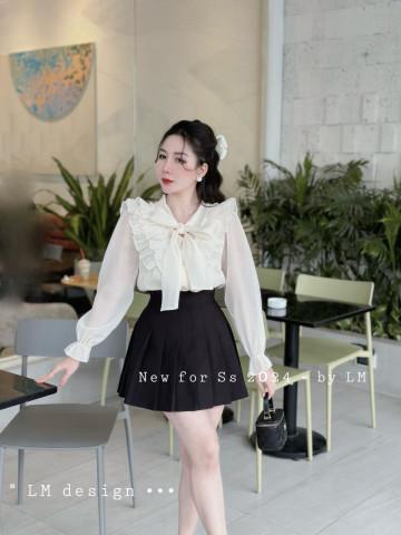 Sơ mi voan tơ lụa óng 2 lớp siêu xinh thiết kế nơ mã 2438 Top Áo Nữ Women Shirt Ong Cổ Tròn