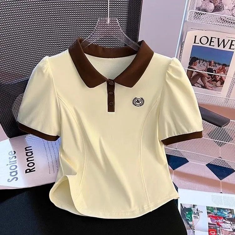Áo Phông ngắn Tay Áo, Viền Cong Bất Đối Xứng Cổ Polo, Dành Cho Phụ Nữ, Bộ Sưu Tập Mùa Hè 2024 Mới, Mỏng Vừa Vặn, Áo Tay Phồng Ngắn