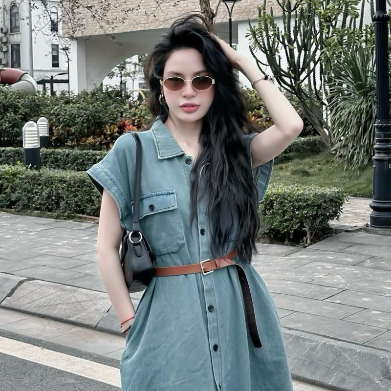 VÁY BÒ 2 TÚI CÀI NÚT FOM DÀI TAY CỘC KÈM ĐAI V06 1
