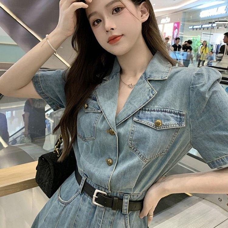 Váy Xếp Ly Denim, Cổ Áo Phù Hợp, Dành Cho Phụ Nữ, Phong Cách Cổ Điển Pháp, Bó Sát Váy Tay Ngắn, Váy, Với Thắt Lưng, Mùa Hè, Ins, 2024 Women Dress 2