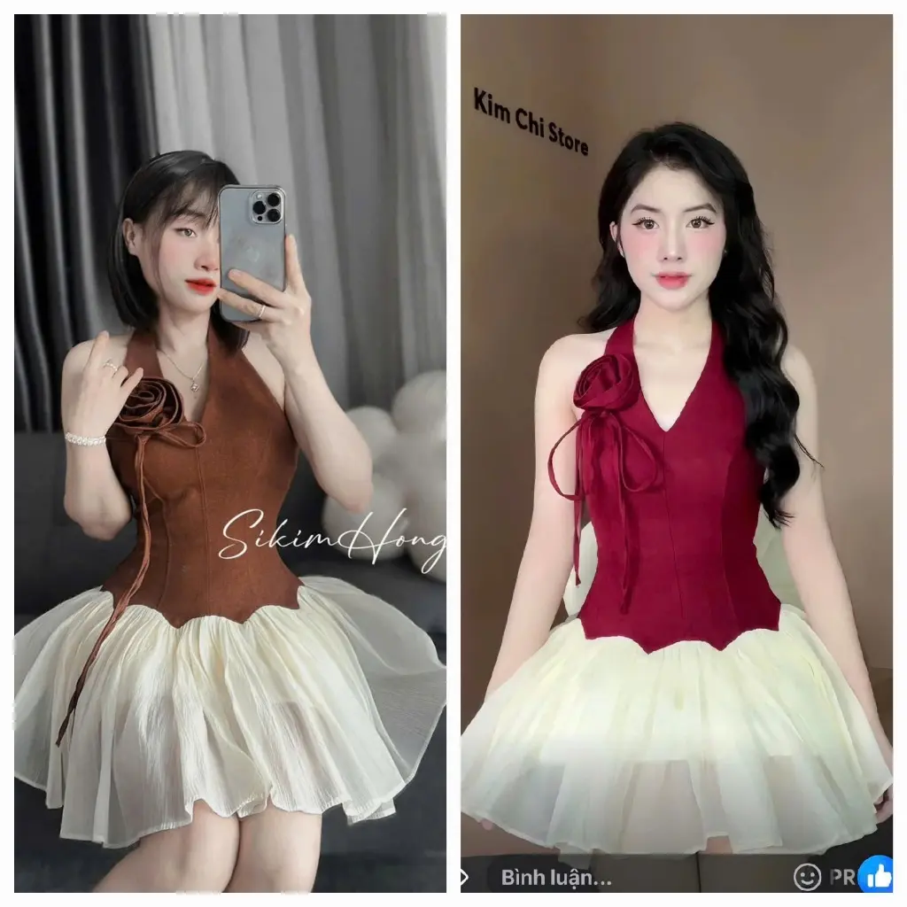 Đầm cotton lạnh cổ yếm phối tơ nến có lót , thiết kế thanh lịch, sang chảnh 2 tone màu siêu tôn dáng cho nàng cực xinh,