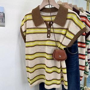 Summer Color-Block Series Striped Short-Sleeve T-Shirt for Women 2025 Cool Loose Knit Polo Collar Top for Women