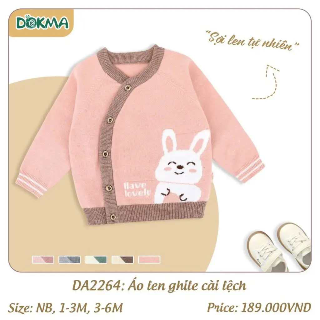 DOKMA Áo len cài lệch dài tay Dokma cho bé sơ sinh size NB-6m Voi