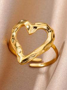 1 Pieza Anillo geométrico de acero inoxidable con diseño de corazón calado, Joyería casual para fiesta, Accesorios de moda elegantes y versátiles para uso diario