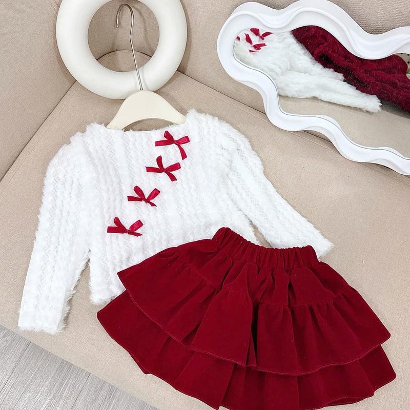 Ong Kis sét áo lông mền nơ nổi kèm chân váy nhung đỏ cho bé gái 8-32kg 2