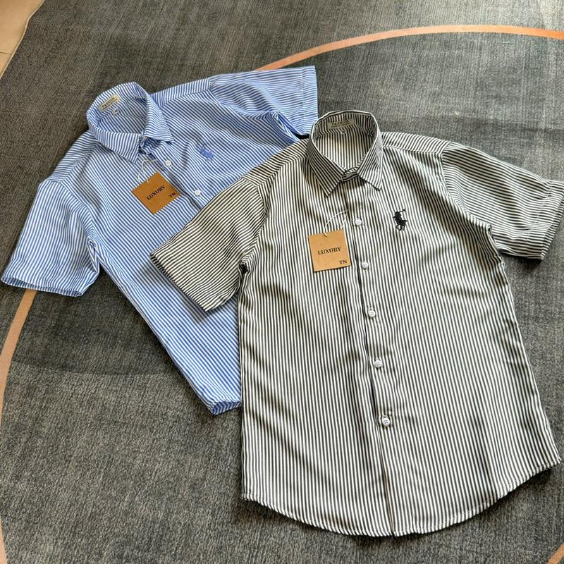 Áo sơ mi tay ngắn thêu chữ phối sọc phong cách boy phố trẻ trung cá tính mạnh mẽ Dài Tay Menswear Có Cổ Shirt
