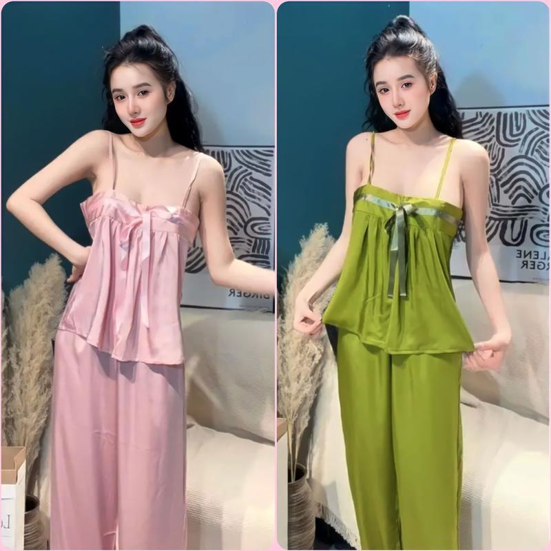 Đồ Bộ, Đồ Ngủ Áo 2 Dây Phối Nơ Quần Dài Chất Lụa Latin Mịn Mượt - Freesize Nhung Nữ 0