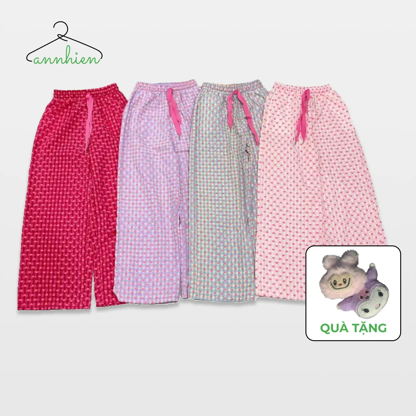 (Tặng mặt gấu bông) Quần ống suông bé gái (HOẠ TIẾT IN TRÁI TIM, 4 MÀU) chất liệu cotton su mềm mịn