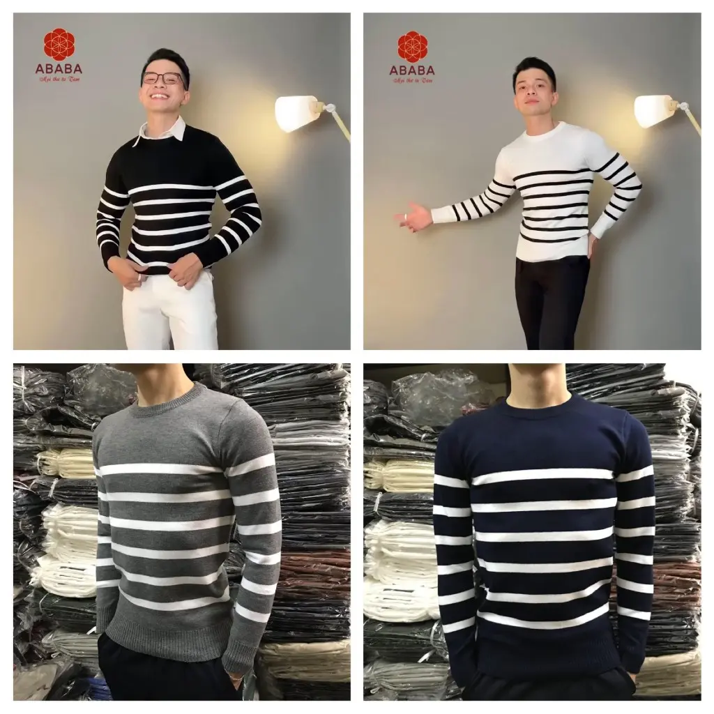 Áo len nam cổ tròn Kẻ ngang Hàn Quốc ABABA Tay dài Ôm body Len dày dặn Nhiều Màu ABABA Tronkecanguoi-m9 Sọc Menswear Nhung