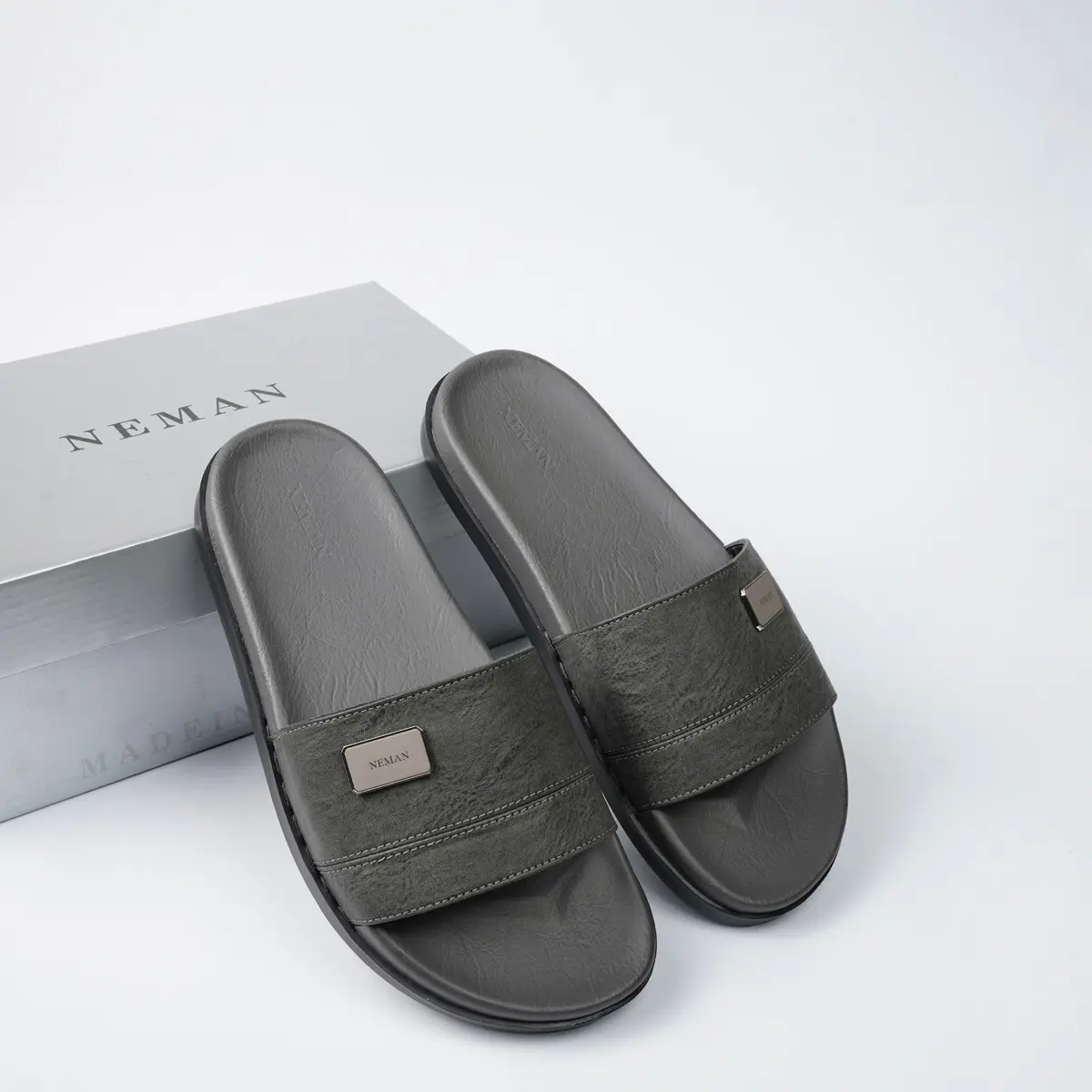 DÉP DA NEMAN, Chất Liệu Da Microfiber Cao Cấp, Đã Khâu Quai, Hỗ Trợ Đổi Size : Ms14 Xám ,Cao su Slipper DéP