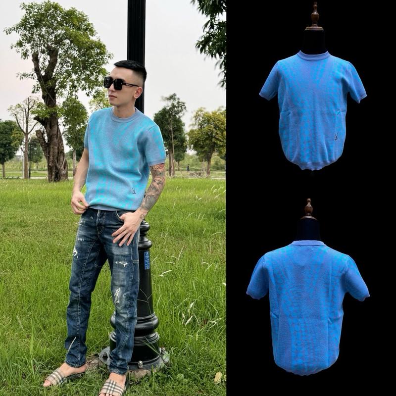 Áo Len Nam Cộc Tay Cổ Tròn Hoạ Tiết Chữ Thêu - New 2024 Menswear Xanh