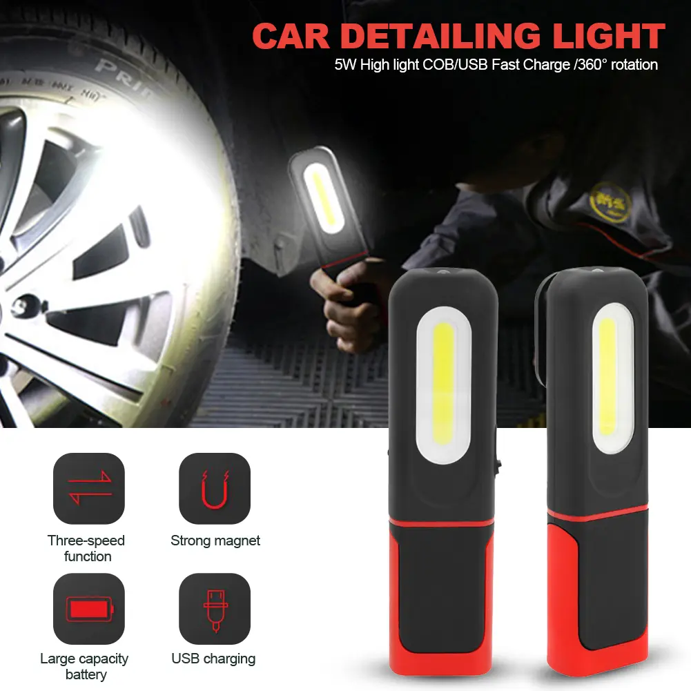 Portable USB Rechargeable COB Work Light Car Detailing Inspection Light Magnetic LED Flashlight Hanging Lamp Camping Torch #474113