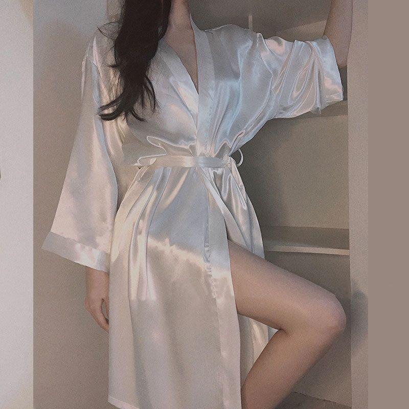 Product Introduction of Bathrobe Women's Summer Thin Ice Silk Robe New Style White Silk Fashion Pajamas Japanese Kimono Spring and Autumn Womenswear Gowns 1